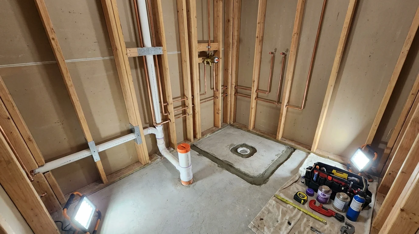 Bathroom rough-in plumbing during remodel by Johns Plumbing LLC in Red Boiling Springs
