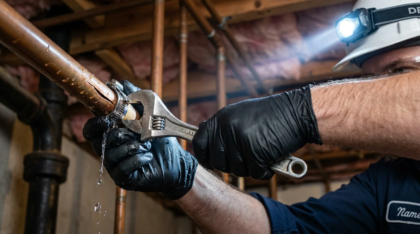 Emergency pipe clamp repair being performed by a Johns Plumbing LLC plumber in Red Boiling Springs