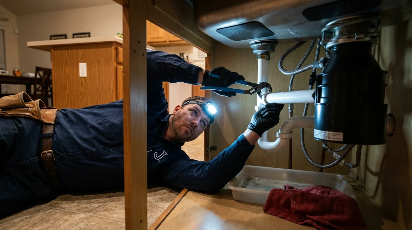 P-trap and supply line connections under a kitchen sink showing a common leak point in Red Boiling Springs, TN